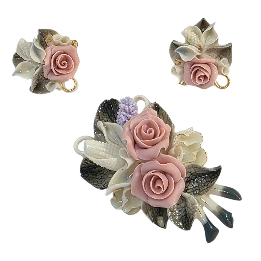 Vintage 18k Gold Pink Rose‎ Capodimonte Porcelain Brooch Earrings Set 750 Stamp